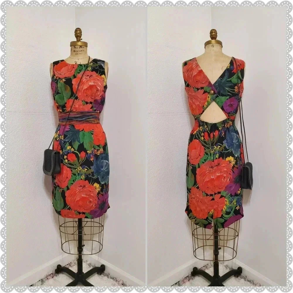 🌹Vintage Floral Spring Wedding Cruise Hawaii Backless Elastic Waist Midi Dress